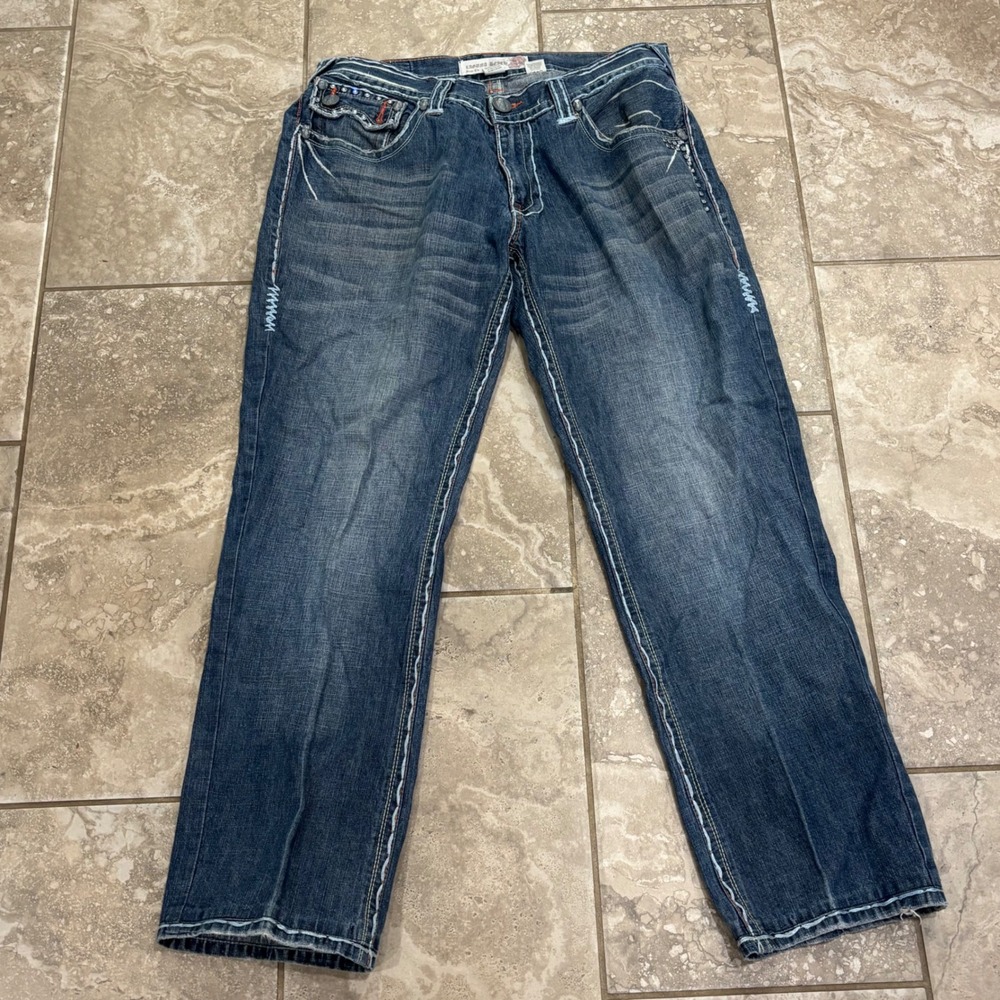 Y2K Laguna Beach Mens Blue Thick Stitch Skull Rhinestone Jeans MD8301PS 40